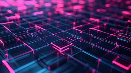 Poster - Abstract digital background featuring glowing neon grids in vivid pink and blue colors, perfect for technology themes.