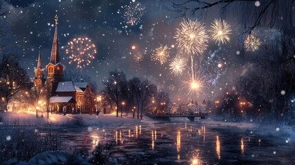 Aufkleber - A magical winter scene with fireworks lighting up the night sky over a snowy village and serene river, perfect for holiday themes.
