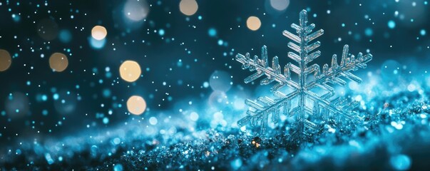 Aufkleber - A beautiful snowflake resting on a sparkling blue surface, surrounded by shimmering lights, capturing winter's magical essence.