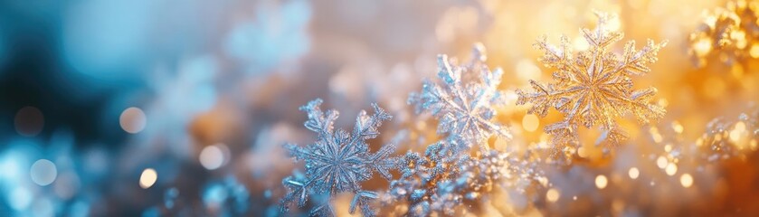 Poster - Beautiful snowflakes shimmering against a backdrop of warm and cool lights, perfect for winter and festive designs.