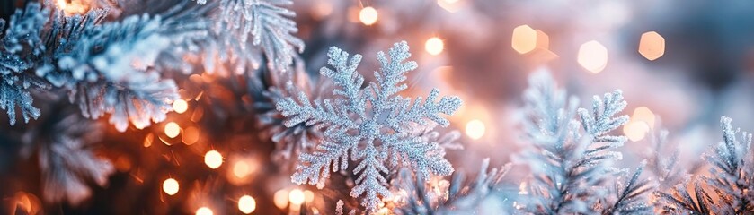 Aufkleber - A close-up of a snowflake resting on a pine branch, surrounded by warm, blurred holiday lights, evoking winter magic.