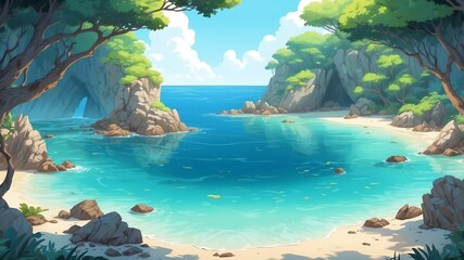 Secluded Cove with Clear Waters Cartoon Background Design