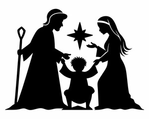 Holy Family silhouette  vector, Nativity  Baby Jesus silhouette,Holiday Clipart Christian