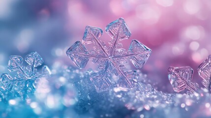 Poster - Close-up of delicate snowflakes glistening on soft pastel background, capturing the beauty of winter and frosty nature.