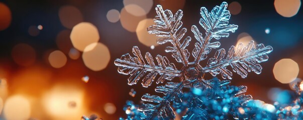 Poster - A sparkling snowflake rests on shimmering blue decorations, creating a magical winter atmosphere with glowing lights in the background.