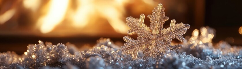 Poster - A beautiful snowflake resting on a layer of frost, with a warm fire glowing in the background, creating a cozy winter atmosphere.