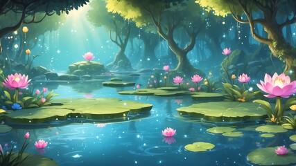 Canvas Print - Sparkling Fairy Pond Cartoon Background Design