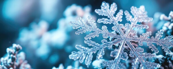 Poster - A close-up of a delicate snowflake showcasing intricate patterns against a cool blue backdrop, embodying the essence of winter.