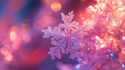 Aufkleber - A stunning close-up of a snowflake surrounded by vibrant lights, capturing the magic and beauty of winter in a colorful display.