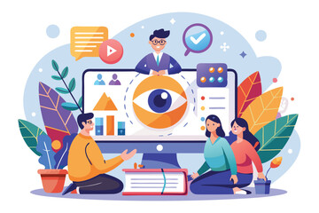 Poster - A vibrant illustration showing diverse individuals interacting during an engaging webinar presentation, Customizable illustration for webinars that stands out.