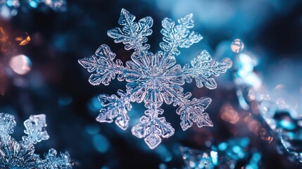 Aufkleber - Close-up of a delicate snowflake with intricate patterns, glistening against a blurred winter background.