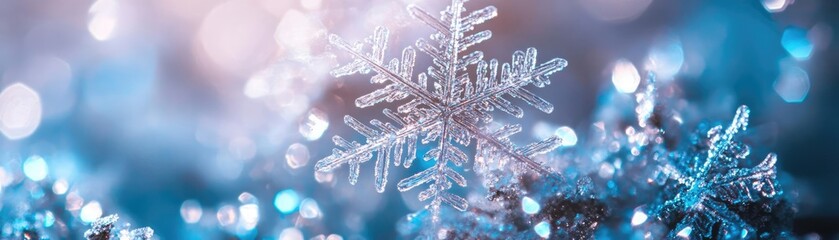 Poster - Close-up of a delicate snowflake, glistening in a soft, dreamy blue background, capturing the beauty of winter's essence.