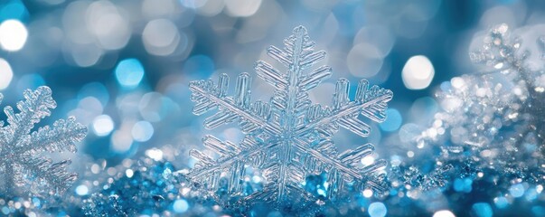 Poster - Delicate snowflake glistening on a bed of shimmering blue crystals, capturing the essence of winter's beauty and tranquility.