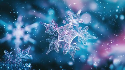 Aufkleber - A stunning close-up of a snowflake, showcasing its intricate design against a blurred winter background of soft colors.