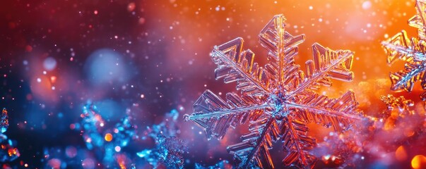 Poster - Captivating close-up of a snowflake with vibrant colors, highlighting intricate patterns against a colorful, festive background.