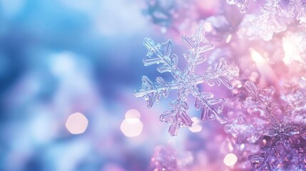Aufkleber - A close-up of a delicate snowflake sparkling against a dreamy pastel background, evoking the magic of winter's beauty.
