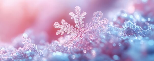 Poster - A delicate snowflake resting on a bed of glistening snow, showcasing intricate patterns and colors in a winter wonderland.