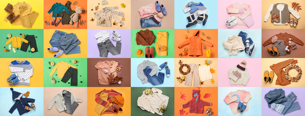 Sticker - Collage of different autumn clothes for children on color background