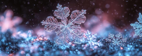 Poster - A stunning close-up of intricate snowflakes resting on a shimmering surface, capturing the beauty of winter's delicate patterns.