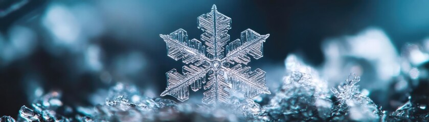 Aufkleber - Close-up of a delicate snowflake perched on frost, showcasing intricate details and the beauty of winter's designs.