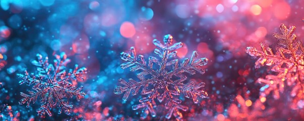 Poster - Beautiful snowflakes against a vibrant blue and pink bokeh background, perfect for winter-themed designs or festive visuals.