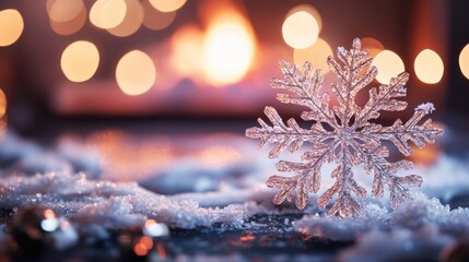 Poster - A beautiful snowflake rests on soft snow with a charming fireplace in the background, creating a cozy winter atmosphere.