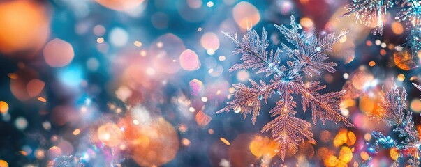 Poster - A vibrant winter wonderland with colorful bokeh and delicate snowflakes sparkling in the light, perfect for holiday themes.