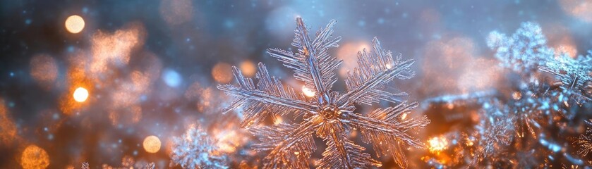 Aufkleber - Close-up of a snowflake with sparkling details and soft bokeh lights, creating a magical winter atmosphere.