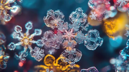 Poster - Intricate snowflakes with beautiful details captured in vivid colors, showcasing nature's unique artistry and winter charm.