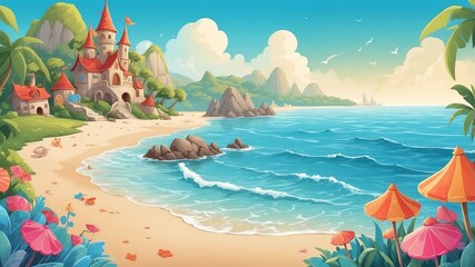 whimsical fairytale beach scene Cartoon Background Design