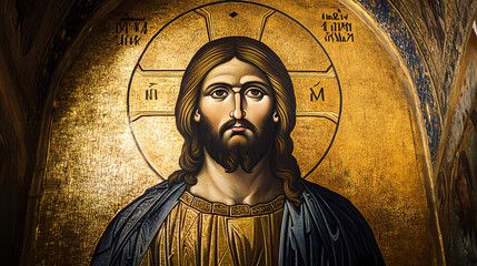 Wall Mural - A painting of jesus christ with a gold frame. Byzantine Empire. Illustration