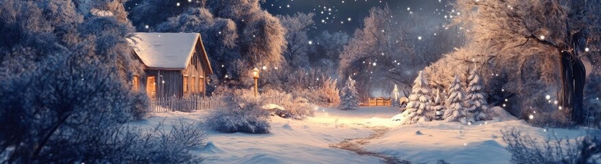 Aufkleber - A serene winter landscape featuring a cozy cabin, snow-covered trees, and softly falling snowflakes, creating a peaceful, magical scene.