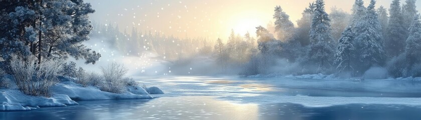 Poster - A serene winter landscape with snow-covered trees, a tranquil river, and soft sunlight breaking through the mist.