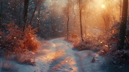 Poster - A serene winter scene featuring a snow-covered path through a forest, illuminated by soft sunlight and gentle snowfall.