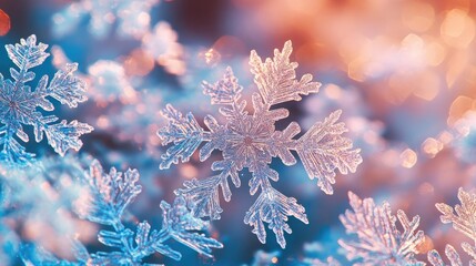 Poster - Close-up of a delicate snowflake with intricate patterns against a soft, blurred winter background evoking a serene atmosphere.