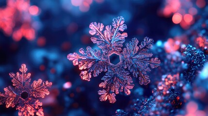 Poster - Beautiful macro snowflake showcasing intricate patterns and vibrant colors, ideal for winter-themed projects and seasonal designs.