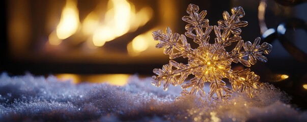 Poster - A glowing snowflake rests on a snowy surface, with a cozy fireplace in the background, perfect for winter ambience and holiday spirit.
