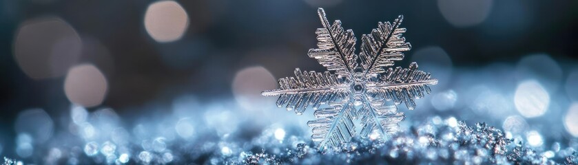Aufkleber - Delicate snowflake resting on shimmering surface, capturing the essence of winter's beauty and tranquility in a frosty landscape.