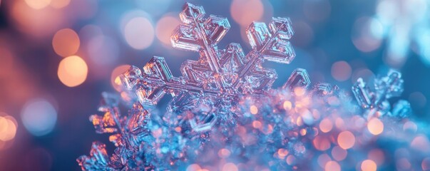 Poster - A close-up view of a delicate snowflake glistening with vibrant bokeh lights, showcasing the beauty of winter's magic.