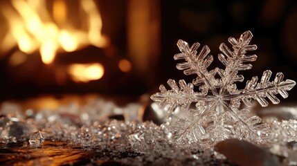 Poster - Sparkling snowflake resting on shimmering ice, with a warm fireplace glow in the background, evoking winter comfort and warmth.