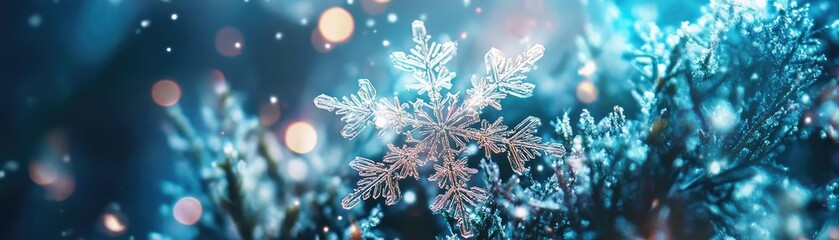 Aufkleber - A beautiful close-up of a snowflake glistening among delicate snow and lights, highlighting the beauty of winter's wonder.