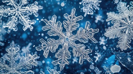 Poster - Beautiful snowflakes on a winter background, capturing the delicate details and shimmering effects of a snowy scene.