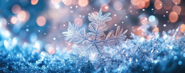Aufkleber - A stunning snowflake resting on a sparkling surface, capturing the essence of winter magic with beautiful bokeh lights in the background.