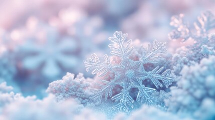 Poster - Close-up of delicate snowflakes resting on soft, frosty surface, showcasing intricate patterns and winter's serene beauty.