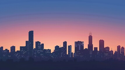 Wall Mural - Silhouette of a modern city skyline against a colorful twilight sky. The buildings stand tall and proud, creating a striking contrast with the soft hues of the setting sun.