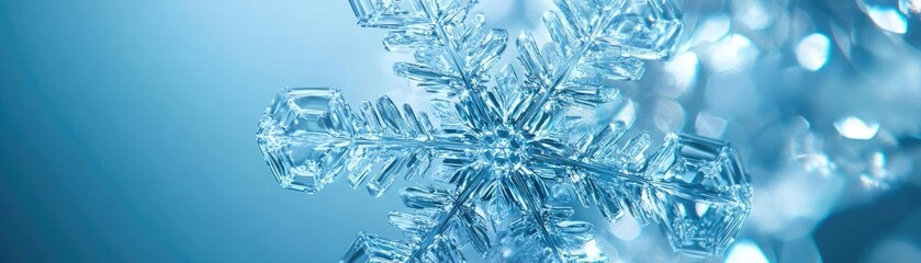 Poster - A stunning close-up of a snowflake, showcasing intricate details and a shimmering blue background, perfect for winter themes.