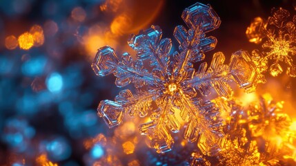 Poster - Close-up of a shimmering snowflake surrounded by vibrant bokeh lights, capturing the beauty of winter in a colorful display.
