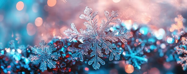 Poster - A beautiful winter scene featuring sparkling snowflakes on shimmering blue and pink backgrounds, capturing the essence of frost.