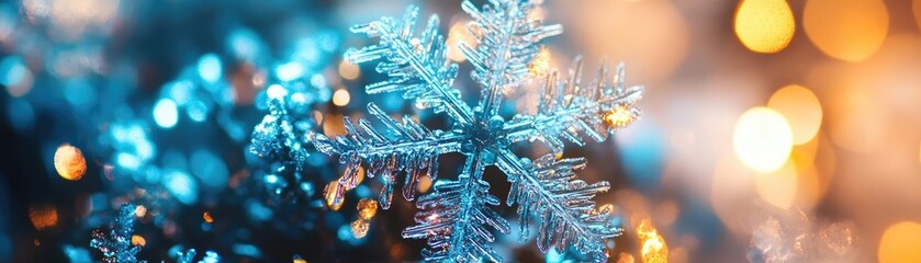 Aufkleber - Beautiful close-up of a sparkling snowflake with shimmering lights creating a magical winter atmosphere.