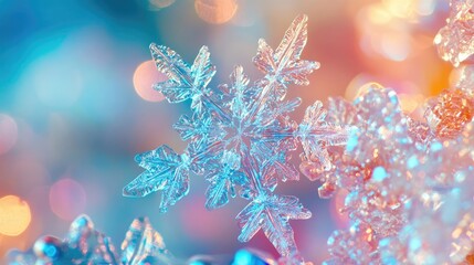 Poster - A beautiful close-up of a snowflake showcasing intricate patterns, sparkling against a soft, colorful background during winter.
